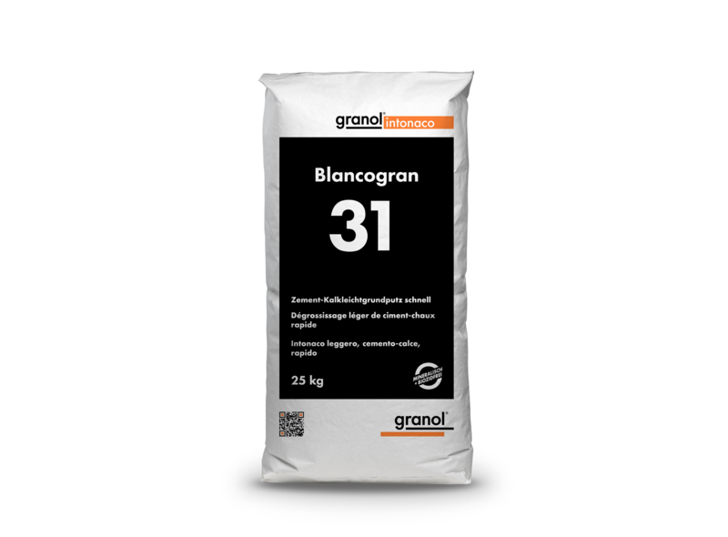Granol Blancogran 31 de ciment-chaux léger à prise rapide, est un enduit léger minéral contenant du ciment et de la chaux hydratée avec une granulométrie maximale de 1.0 mm pour l’intérieur et l’extérieur. Même dans la région du socle sur la maçonnerie monocoque avec briques légers on peut l’utiliser. A cause de sa prise accélérée le Blancogran 31 peut être giclé et gratté/raboté dans un demi-jour.